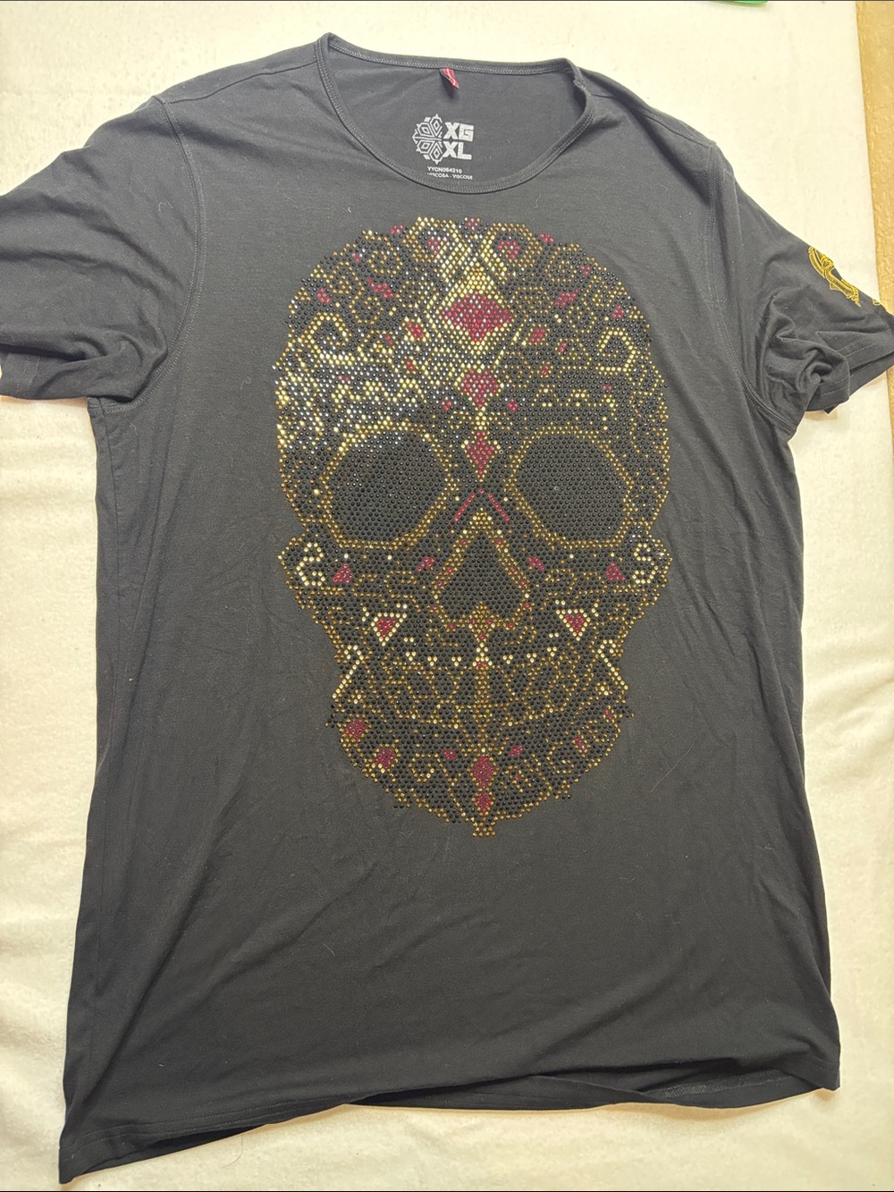 Black Men's Short-Sleeve Skull Tee with Gold and Red Stud Accents